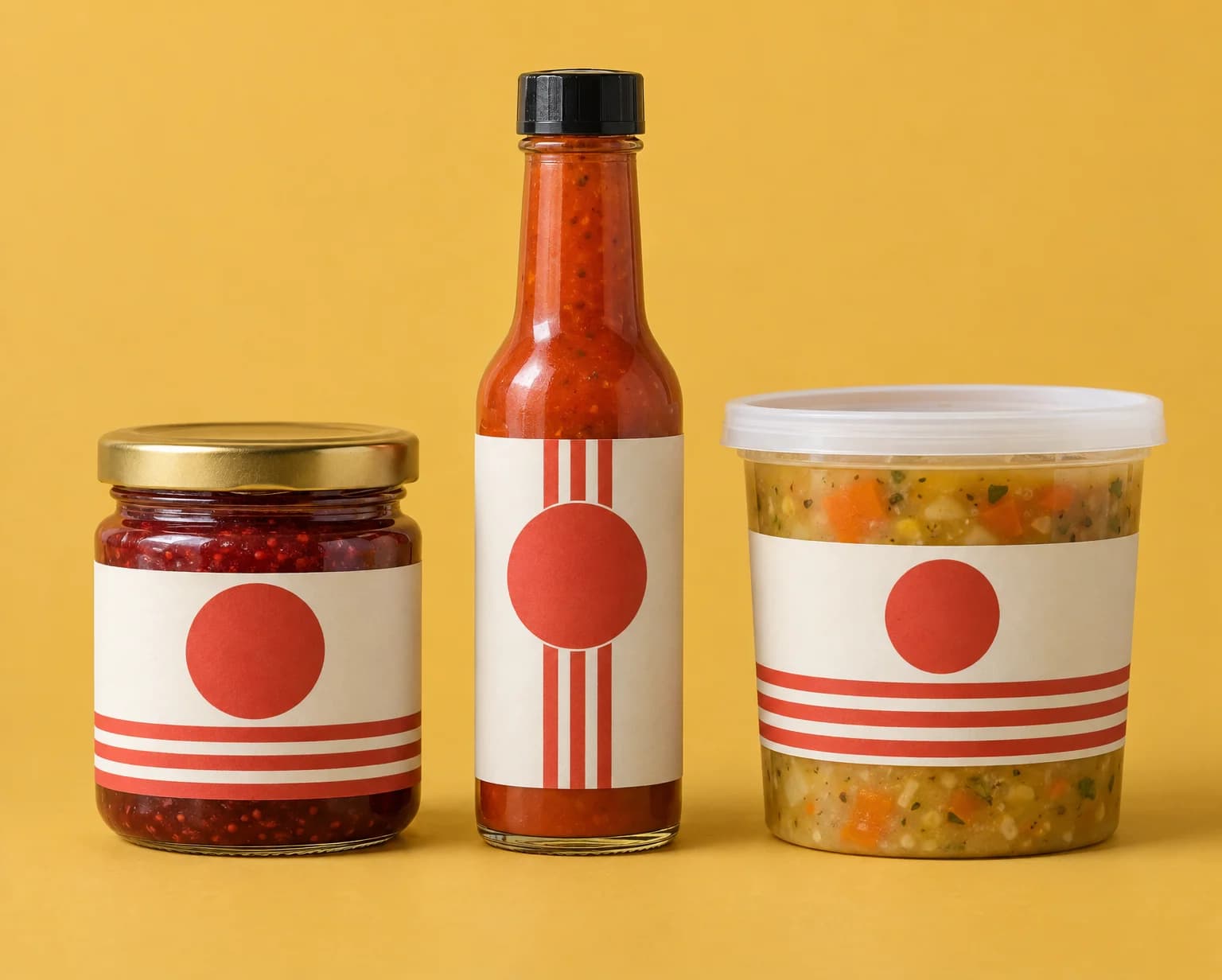 A jar of jam, a bottle of hot sauce and a deli tub of soup, each with a cream label with a red circle and stripes, on a mustard backdrop