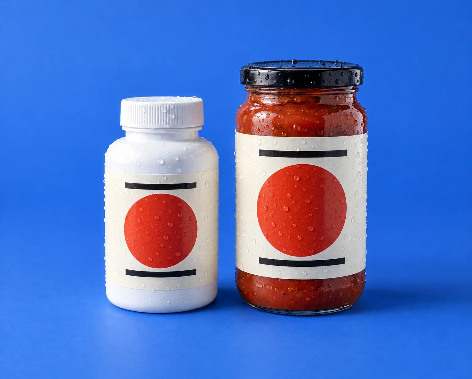 A white capsule bottle and a jar of tomato sauce with matching cream and red labels, beaded with water droplets, on a blue backdrop