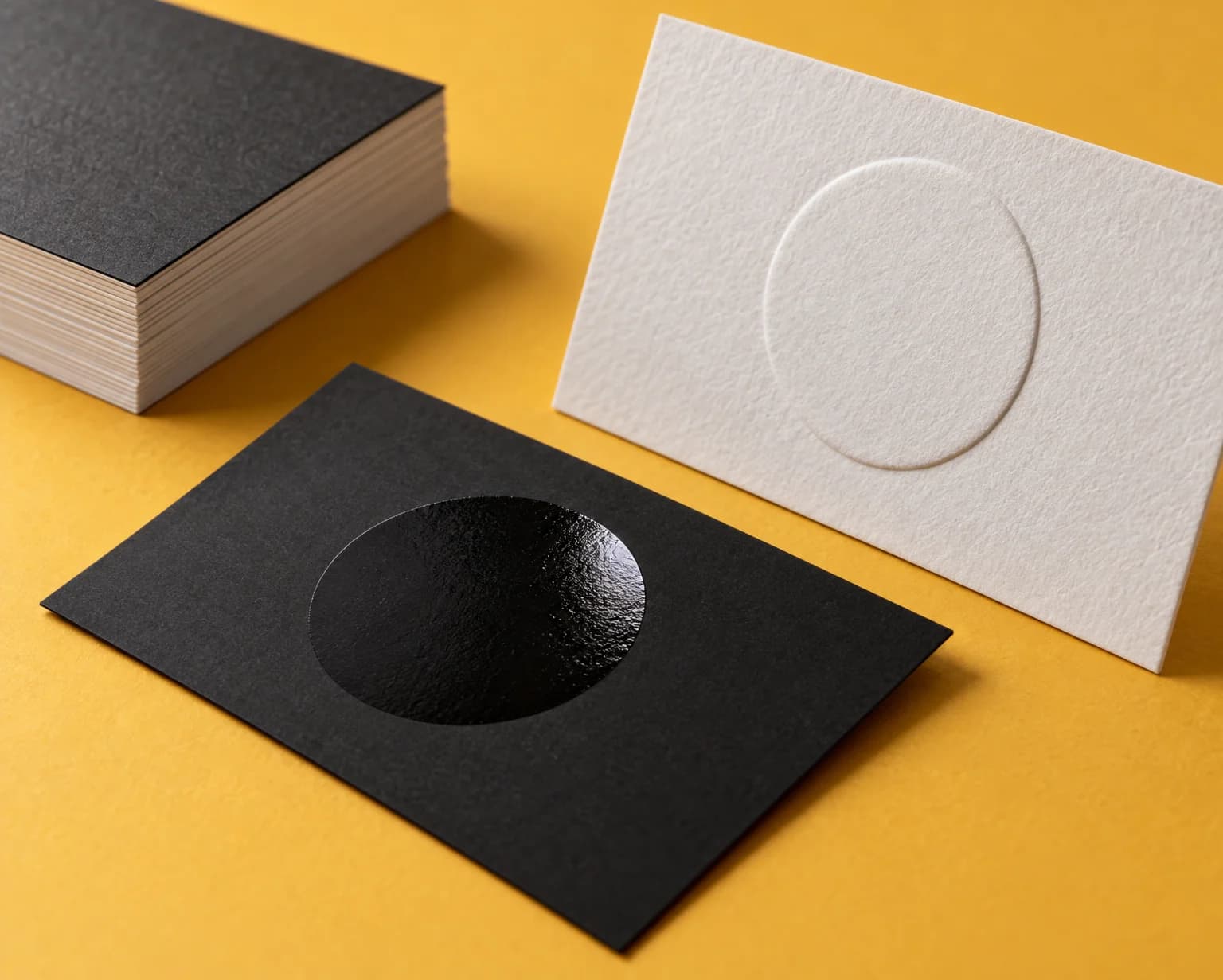 Close-up of a soft-touch black card with a glossy spot UV circle beside an embossed white cotton card on a mustard backdrop