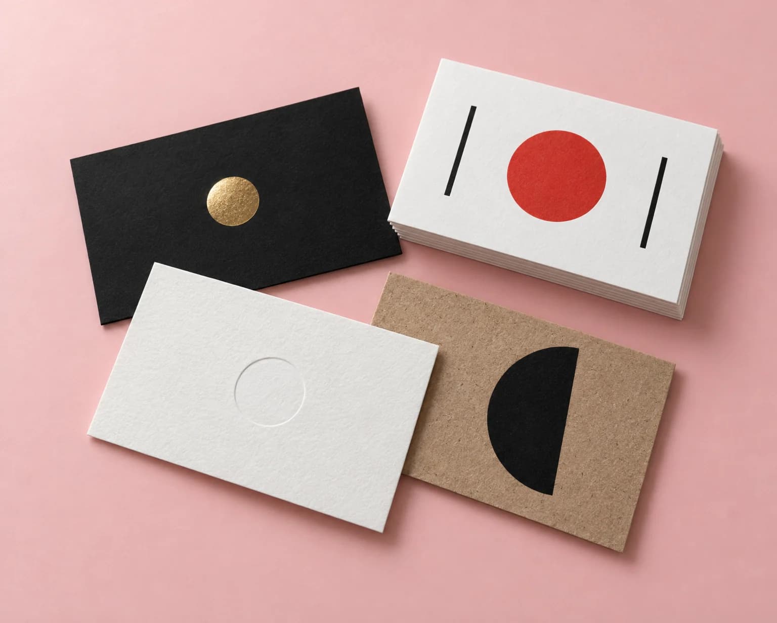 A black card with a gold foil circle, a white cotton card, a brown kraft card and a white card with a red circle on a blush pink backdrop