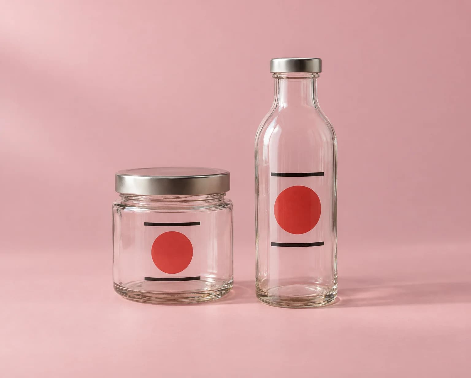 A glass jar and a glass bottle, each with a clear sticker printed with a red circle and two black lines, the glass showing through, on a pink backdrop