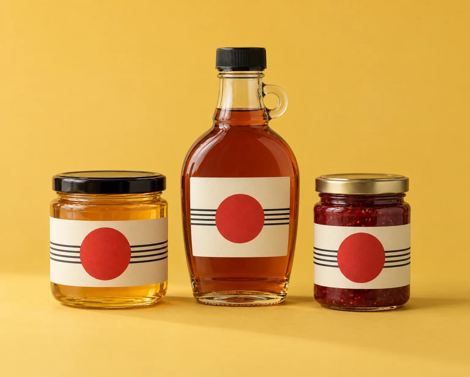 A jar of honey, a bottle of maple syrup and a jar of jam, each with a cream label with a red circle and black stripes, on a mustard backdrop