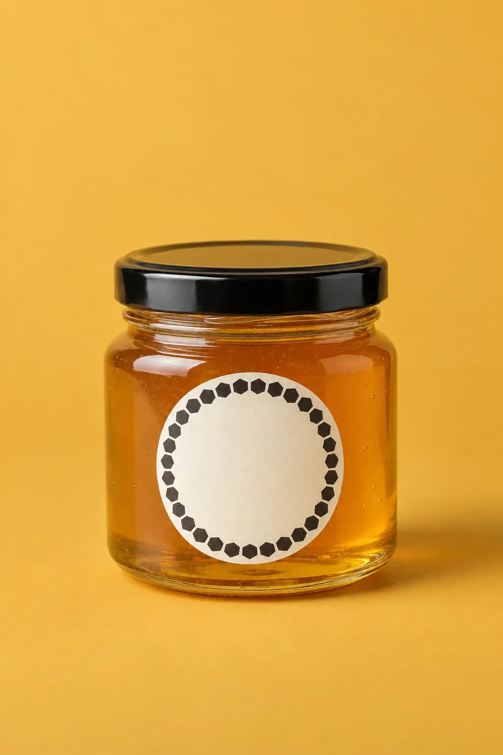 Honey jar with a black lid and a round cream label on a mustard yellow backdrop