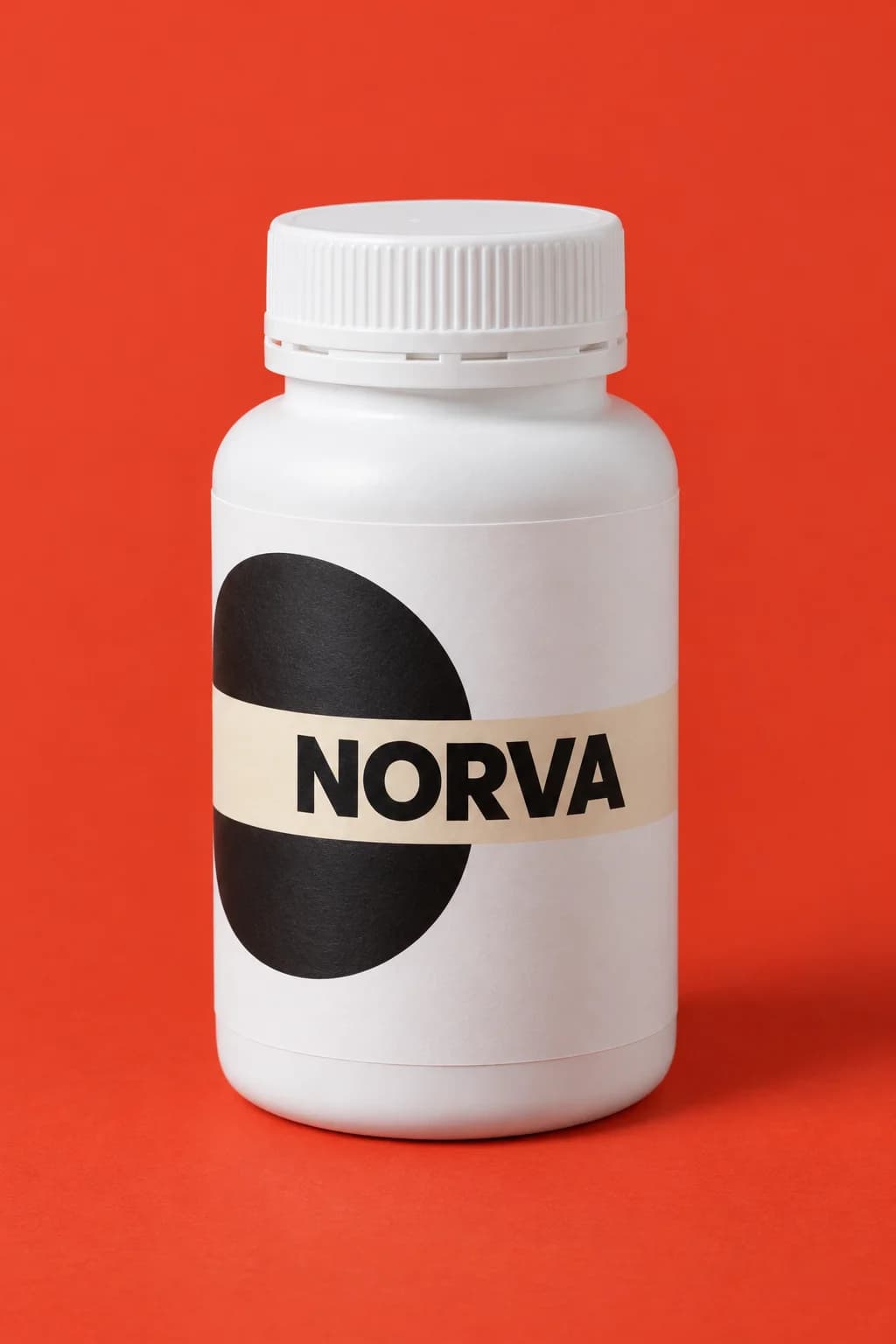 White capsule supplement bottle with a black and cream wraparound label on a tomato red backdrop