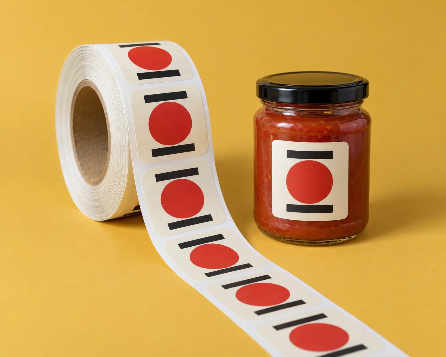 A roll of printed labels with a red circle design unwinding next to a glass jar of sauce wearing the same label, on a mustard yellow backdrop