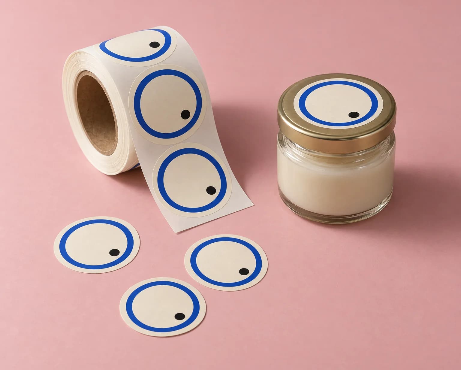A roll of round cream labels with a blue ring, a few loose round labels and a jar with a round label on its lid, on a pink backdrop