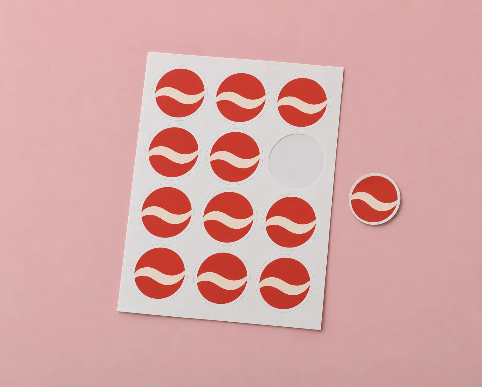 A white sticker sheet of twelve round red and cream stickers with one peeled off beside it, on a blush pink backdrop
