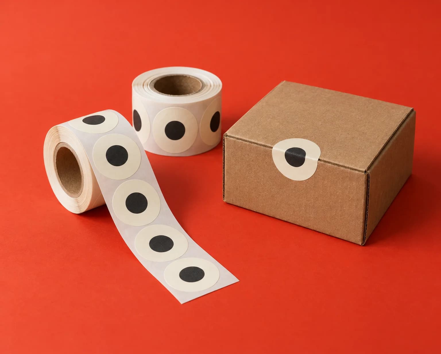 Two rolls of round cream stickers with a black circle mark, one partly unwound, beside a kraft shipping box sealed with the same sticker, on a red backdrop