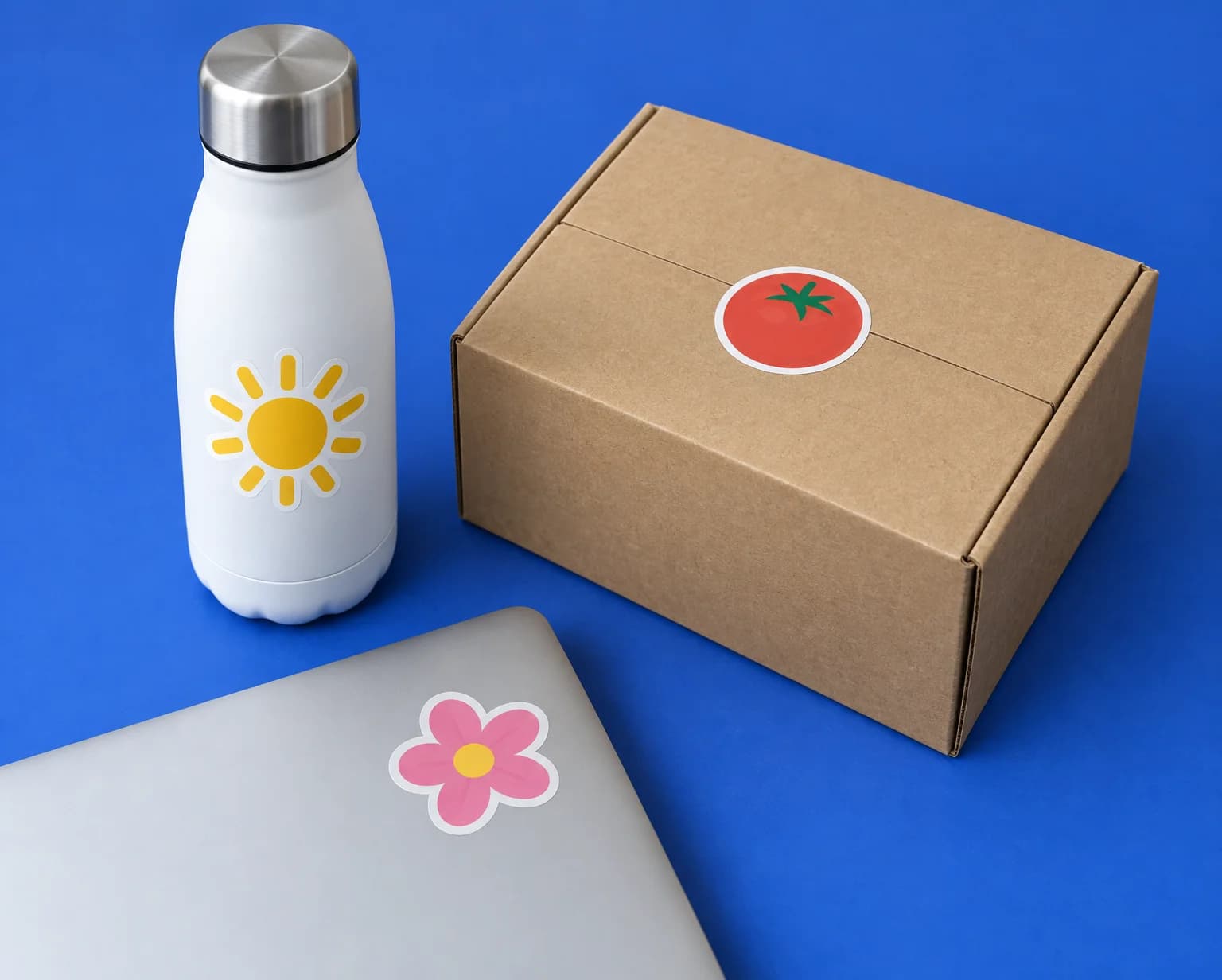 A water bottle with a sun sticker, a kraft box sealed with a red round sticker and a laptop corner with a flower sticker on a blue backdrop
