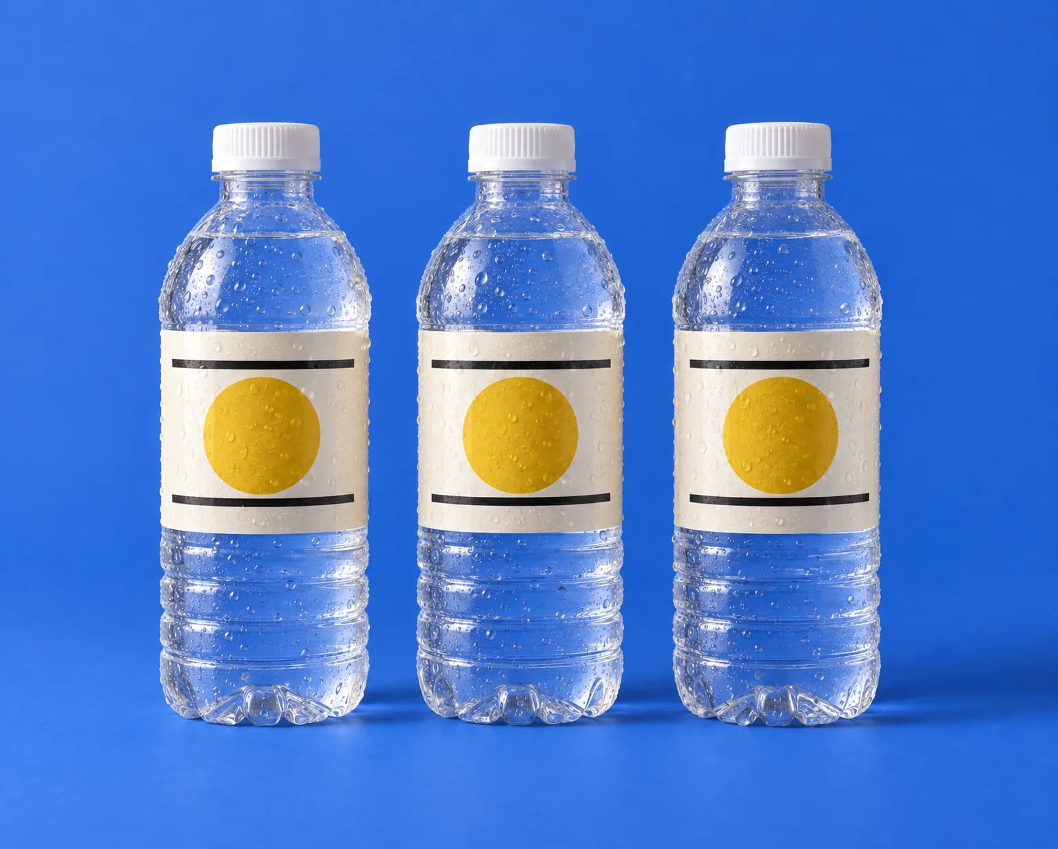 Three plastic water bottles with cream wraparound labels printed with a mustard circle and two black bars, covered in cold droplets, on a blue backdrop