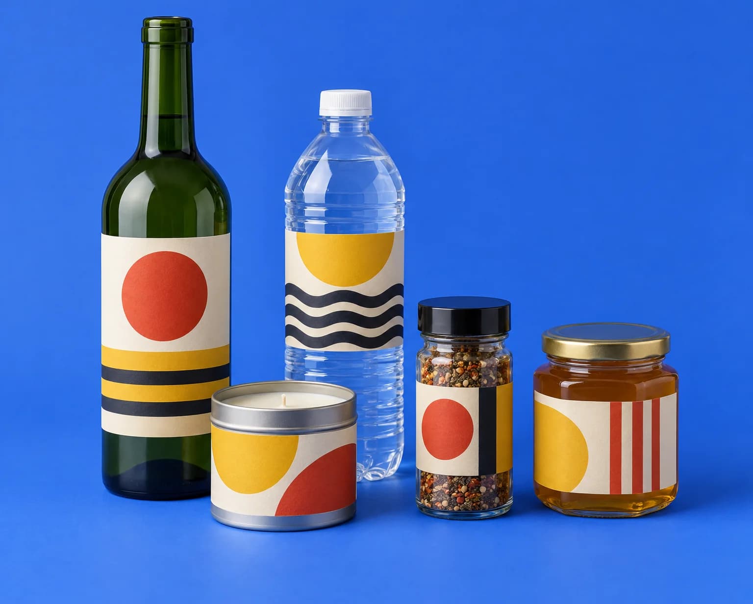 A wine bottle, a water bottle, a candle tin, a spice jar and a honey jar with colourful striped and circle labels on a blue backdrop