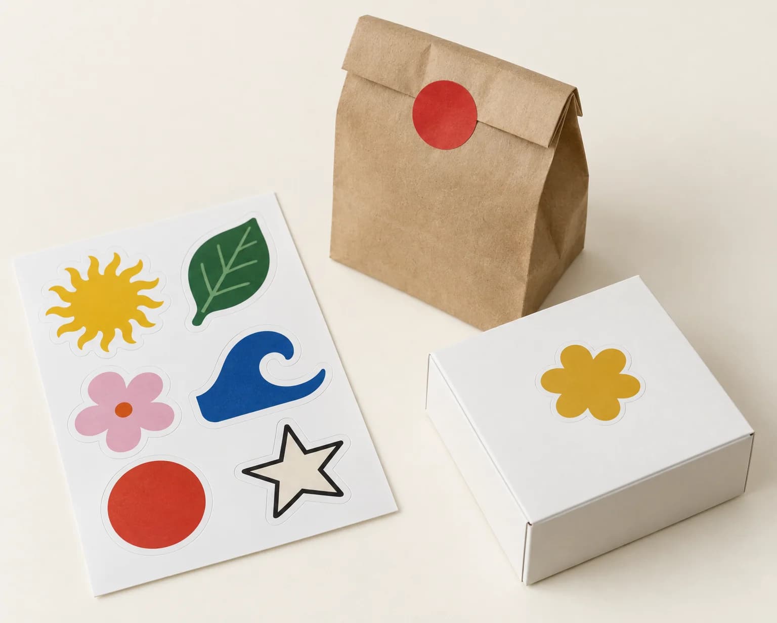 A sticker sheet with a sun, a leaf, a flower, a wave, a circle and a star, beside a kraft bag and a white box sealed with stickers