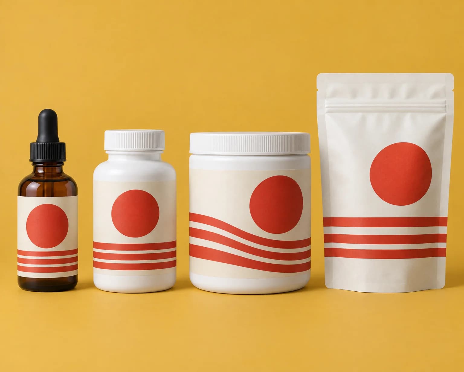 An amber dropper bottle, a white capsule bottle, a white powder tub and a white stand-up pouch with striped labels on a mustard backdrop